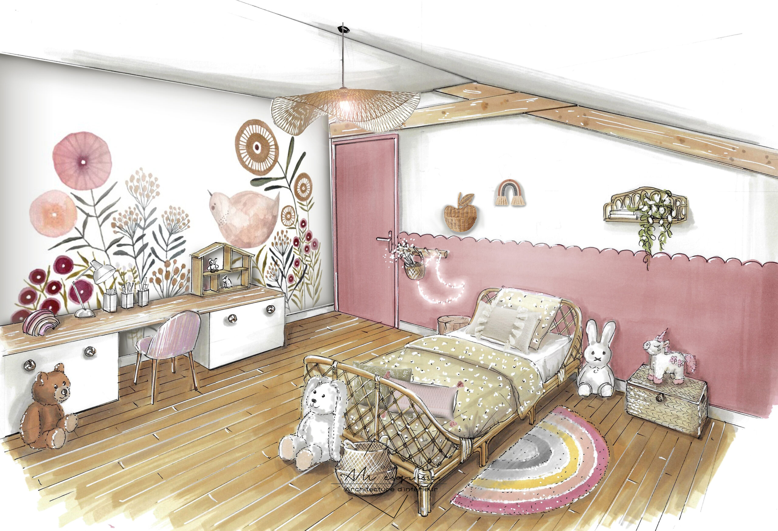 projet 1938 architecture intérieur dessin chambre fille