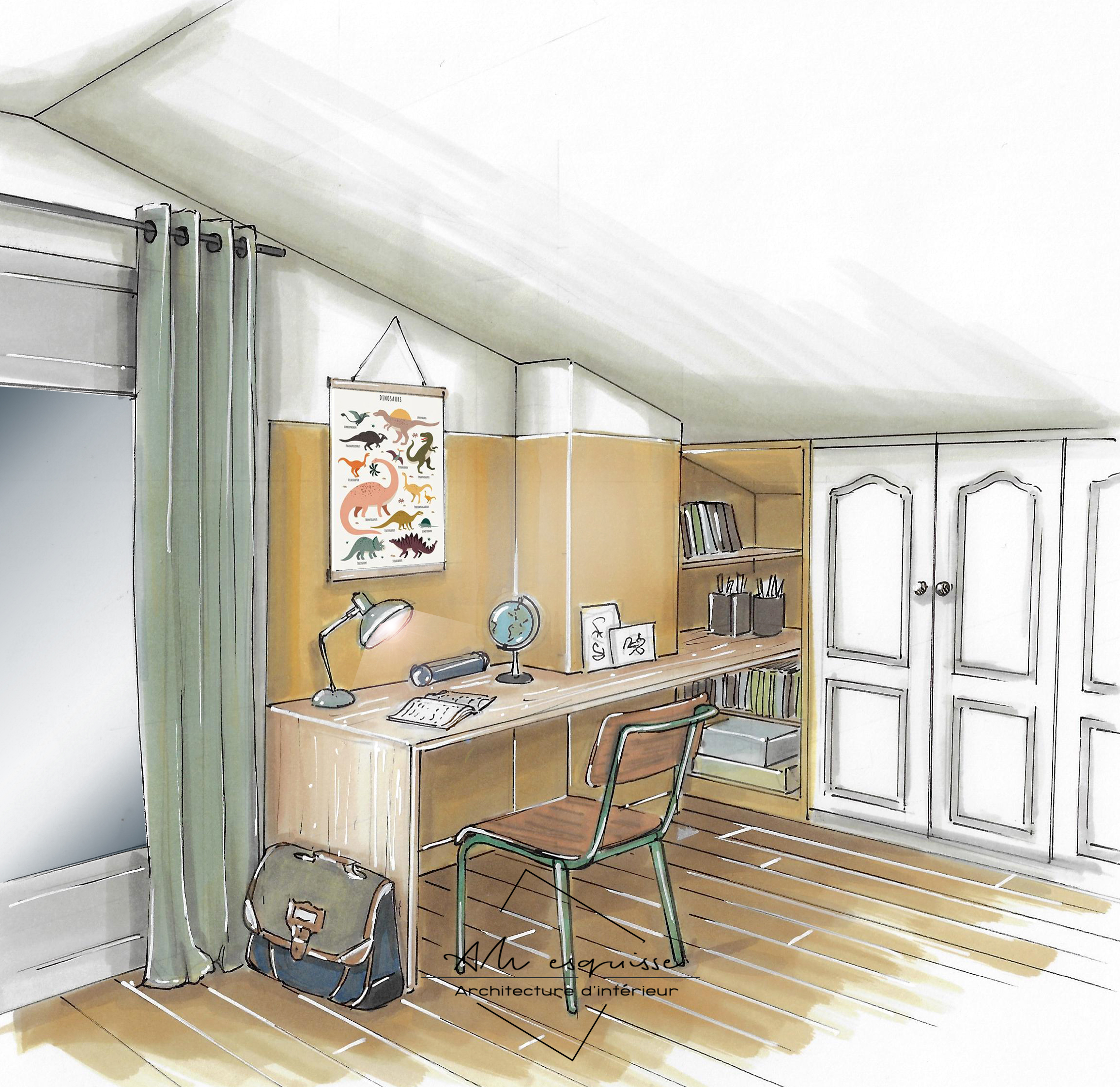 projet 1938 architecture intérieur dessin chambre garçon